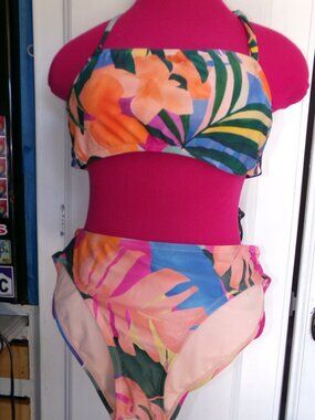 Palisades Beach Club Bandeau Tropical Print Bikini Sz L
